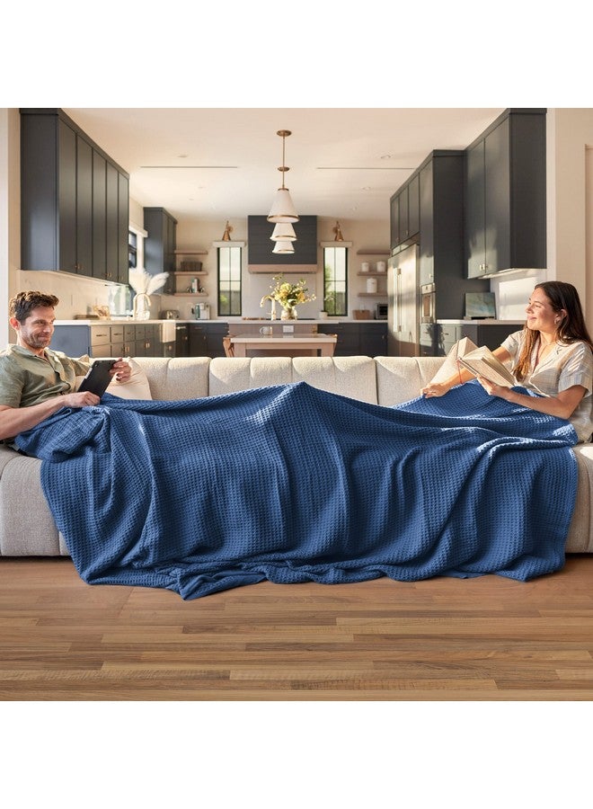 Bedsure Bedsure 100% Cotton Blanket Queen Size for Bed - Breathable and Soft, Waffle Weave Blanket for Summer Spring, Navy, 90x90 Inches  - Image 1