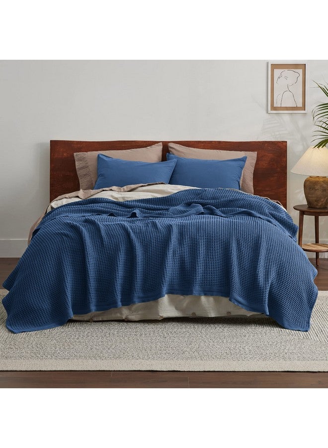 Bedsure Bedsure 100% Cotton Blanket Queen Size for Bed - Breathable and Soft, Waffle Weave Blanket for Summer Spring, Navy, 90x90 Inches  - Image 2
