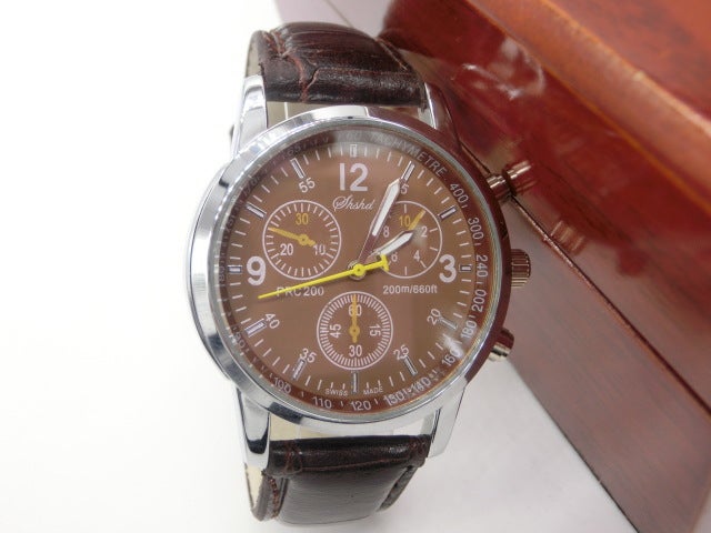 Unisex Fashion Quartz Watch with Triple Dial Casual Leather Belt Brown 