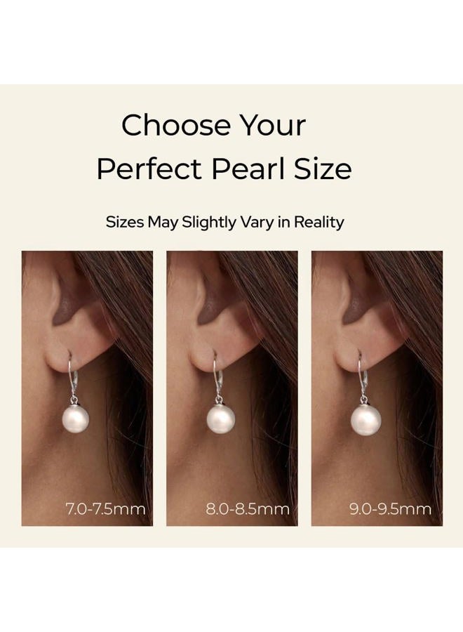 THE PEARL SOURCE AAAA Quality White Round Freshwater Cultured Pearl Hypoallergenic Earrings for Women | 14K Gold Leverbacks Earring | White Gold | 7.0-7.5mm - Image 4