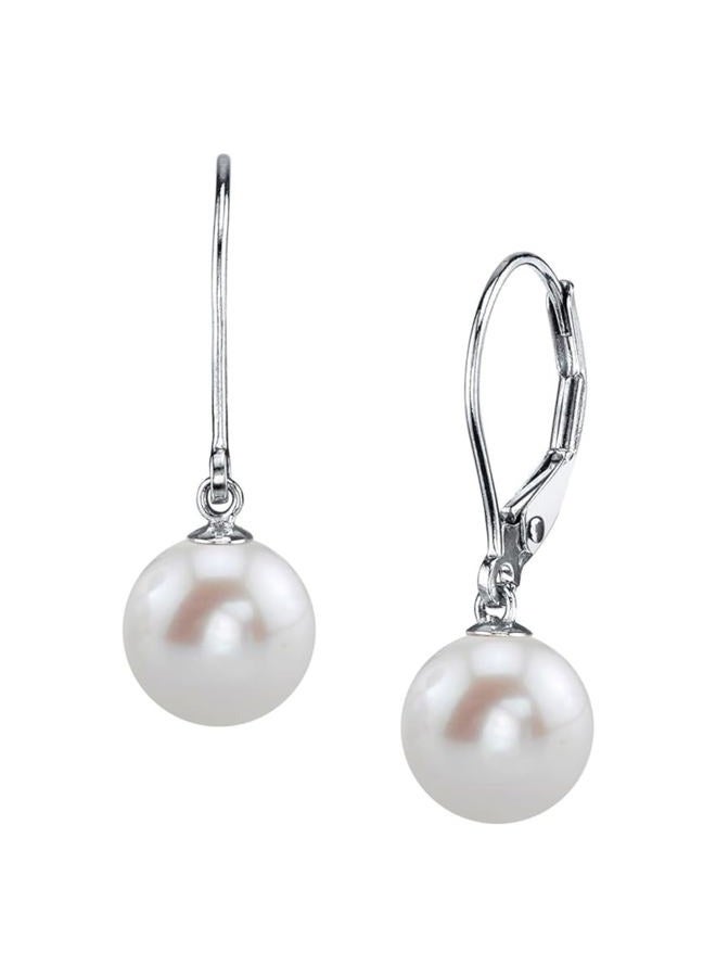 THE PEARL SOURCE AAAA Quality White Round Freshwater Cultured Pearl Hypoallergenic Earrings for Women | 14K Gold Leverbacks Earring | White Gold | 7.0-7.5mm - Image 1