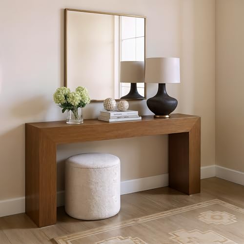 PlankBeam Grand Console Table 66 Inch Modern Solid Wood Sofa Table Narrow Entryway Table for Hallway Behind The Couch Living Room Foyer Pecan Wirebrush
