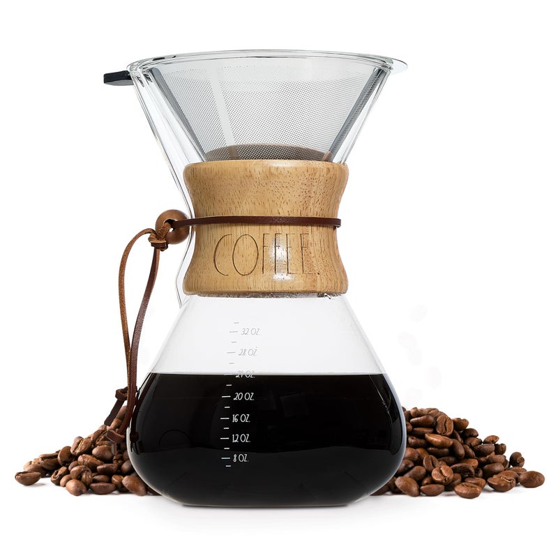 Rae Dunn Glass Pour Over Coffee Maker, 34oz Carafe with Reusable Stainless-Steel Filter and Elegant Bamboo Finish, Great for Brewing Coffee - Image 1