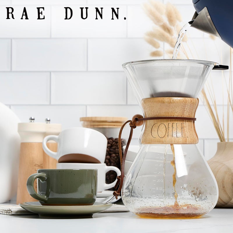 Rae Dunn Glass Pour Over Coffee Maker, 34oz Carafe with Reusable Stainless-Steel Filter and Elegant Bamboo Finish, Great for Brewing Coffee - Image 2