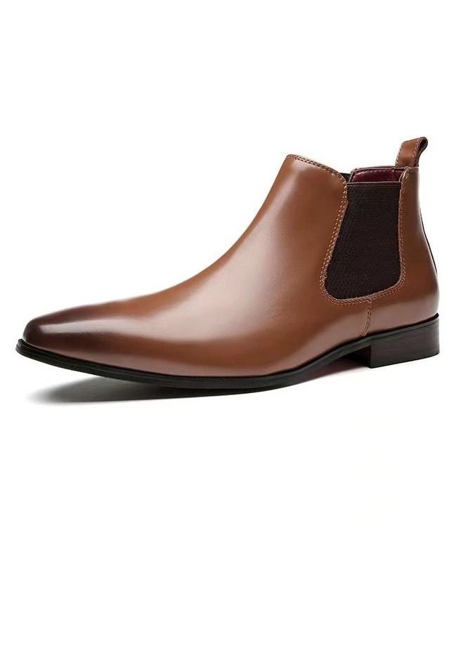Loquat Men Men's Leather Short Boots Brown(Plush Style)  - Image 1
