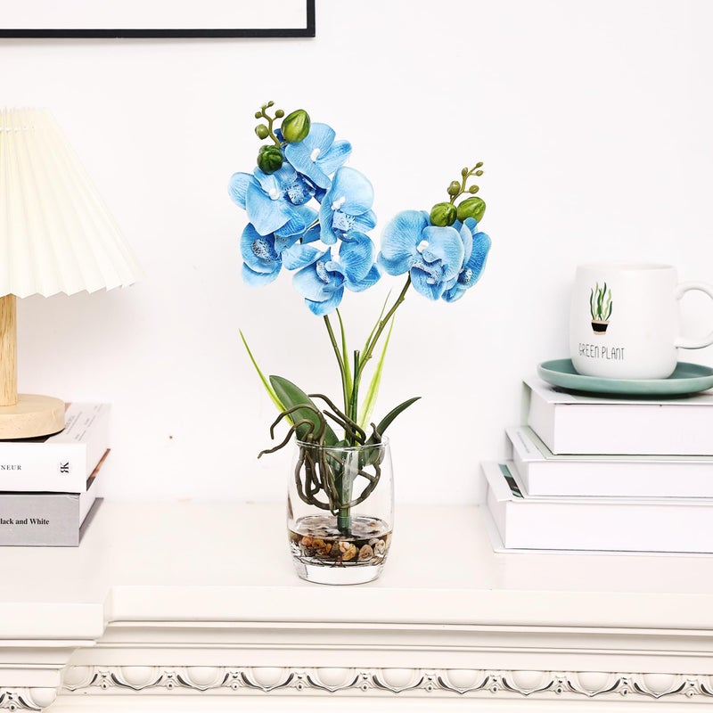 Jusdreen 1 Pcs Glass Vase Artificial Orchid Flower Bonsai Vivid Phalaenopsis Flowers Potting for Home Office D?cor Table Centerpiece Room Decorations 14.5 INCH (Glass Vase/Blue Orchid) - Image 3