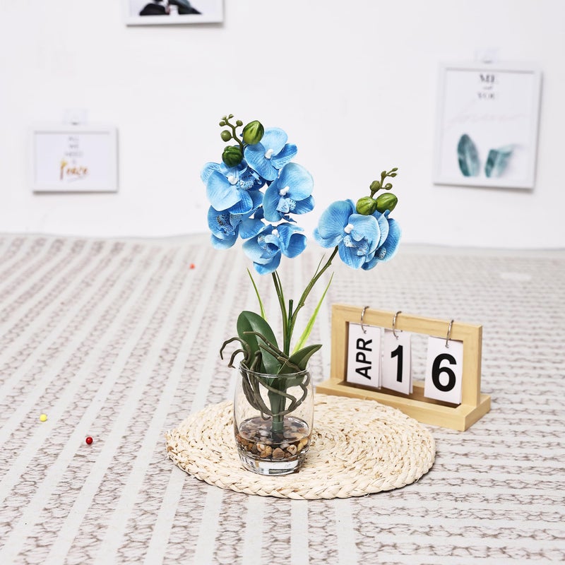 Jusdreen 1 Pcs Glass Vase Artificial Orchid Flower Bonsai Vivid Phalaenopsis Flowers Potting for Home Office D?cor Table Centerpiece Room Decorations 14.5 INCH (Glass Vase/Blue Orchid) - Image 5