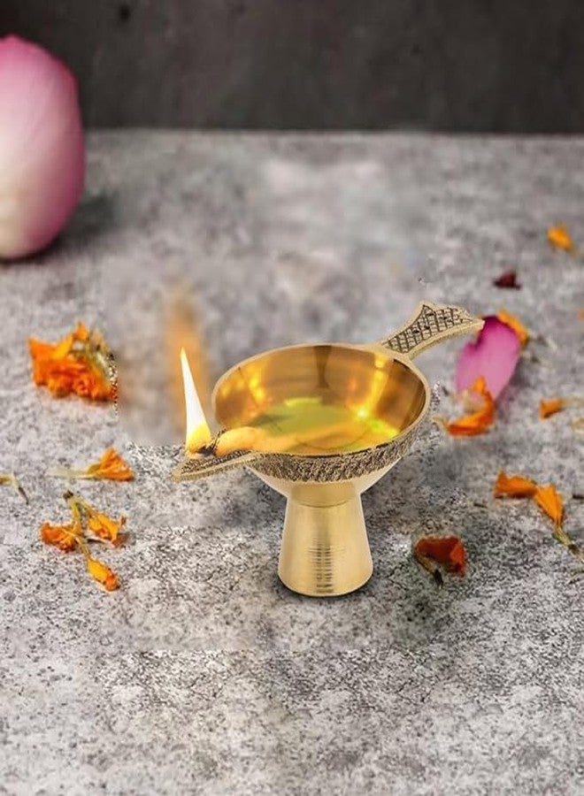 ROLIMOLI Brass Laxmi Handmade Oil Lamp with Golden Engraved Made of Brass Metal Diya Vilakku for Puja Pooja. Traditional Indian Deepawali Gift Set of 1 - Image 1