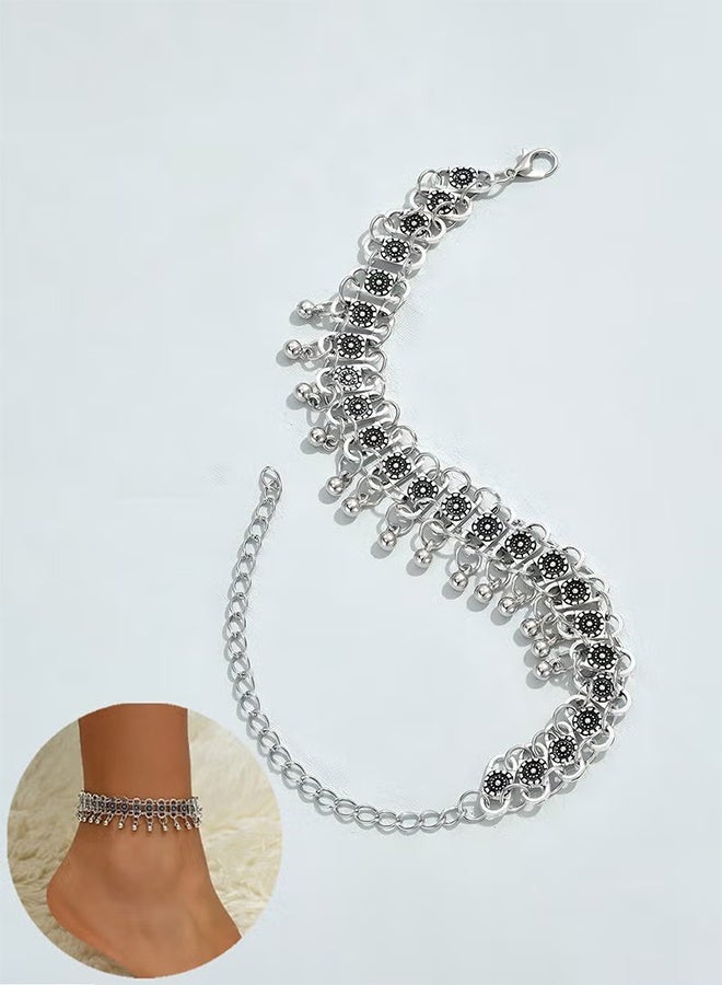 Happy D Bohemian Style Silver Tone Alloy Anklet with Floral Design and Bell Charms - Perfect Beach Jewelry for Women - Image 1