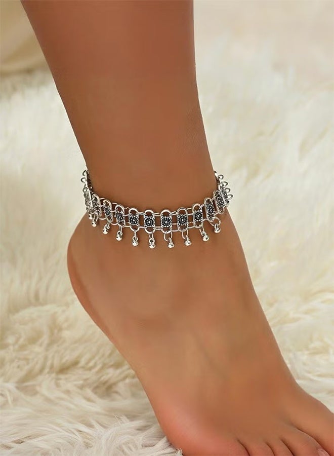 Happy D Bohemian Style Silver Tone Alloy Anklet with Floral Design and Bell Charms - Perfect Beach Jewelry for Women - Image 2