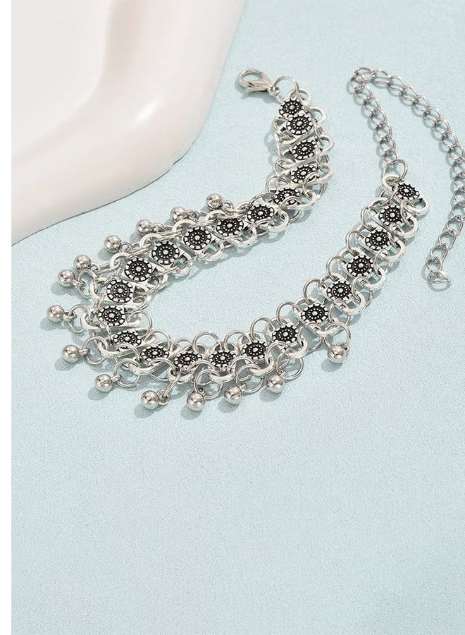 Happy D Bohemian Style Silver Tone Alloy Anklet with Floral Design and Bell Charms - Perfect Beach Jewelry for Women - Image 4