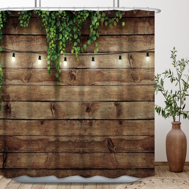 Riyidecor Rustic Farmhouse Outdoor Shower Curtain Wooden Bran Door Green Leaves Antique Brown Wall Lights Bathroom Home Decor Waterproof Polyester 72WX72H Inch 12 Pack Hooks