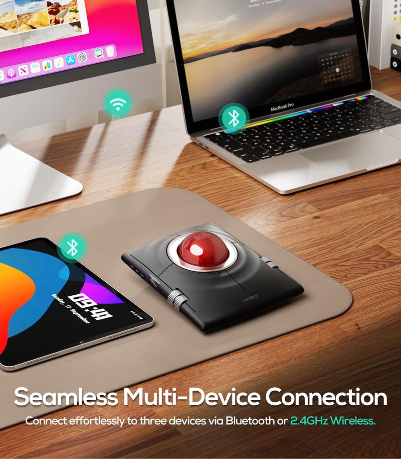 Nulea M512 Wireless Trackball Mouse, Ergonomic 55mm Trackball, Adjustable DPI for Precise Control, Left or Right Hand Compatible, Rechargeable, Multi-Device Bluetooth & 2.4GHz for PC, Laptop, Mac - Image 4