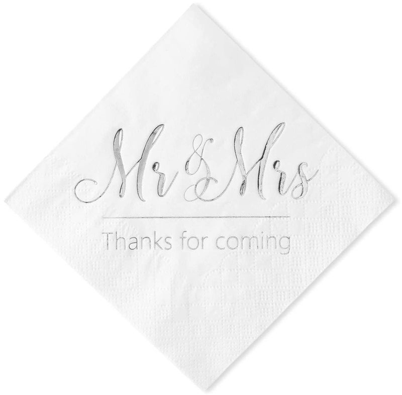 Crisky Wedding Napkins Mr Mrs Silver Cocktail Beverage Dessert Napkins for Tabel Decoration Engagement Party Supplies 100 Pcs 3Ply