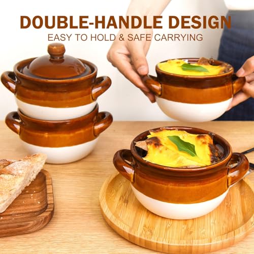 Vumdua French Onion Soup Bowls with Lids and Handles, 16 oz Ceramic French Onion Soup Crocks for Chilli, Cereal, Cereal, Pot Pies, Oven, Broil & Dishwasher Safe, Set of 4 - Image 4