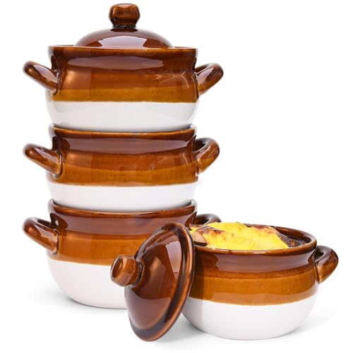 Vumdua French Onion Soup Bowls with Lids and Handles, 16 oz Ceramic French Onion Soup Crocks for Chilli, Cereal, Cereal, Pot Pies, Oven, Broil & Dishwasher Safe, Set of 4 - Image 1