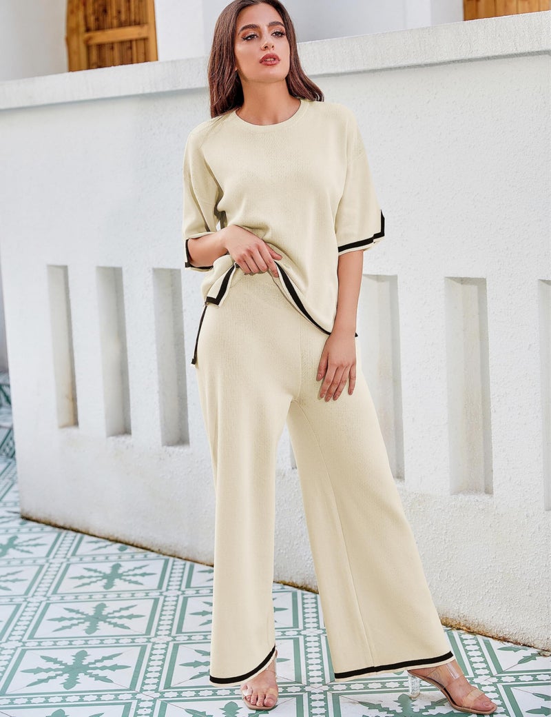 Tanming Sweater Sets Women 2 Piece Lounge Sets Short Sleeve Knit Pullover Tops Wide Leg Pants (Apricot-M) - Image 5