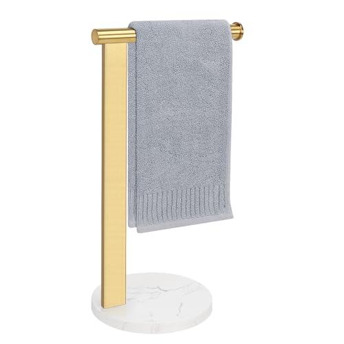 Siyzda Hand Towel Holder Stand for Bathroom, L- Shaped Standing Hand Towel Rack, Towel Bar Kitchen Vanity Countertop Organizer, SUS304 Stainless Steel Material (Marble Base, Gold) - Image 1