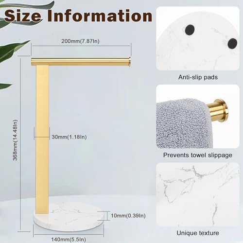 Siyzda Hand Towel Holder Stand for Bathroom, L- Shaped Standing Hand Towel Rack, Towel Bar Kitchen Vanity Countertop Organizer, SUS304 Stainless Steel Material (Marble Base, Gold) - Image 3