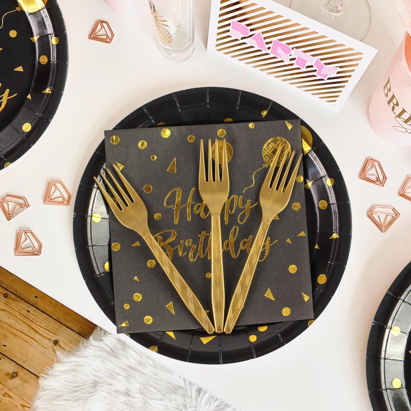 KFJBPB 96PCS Happy Birthday Plates and Napkins Party Supplies  Black and Gold Disposable Paper Plates and Napkins with Forks Tableware Set for Birthday Party Decorations 24 Guests (Birthday Black) - Image 3