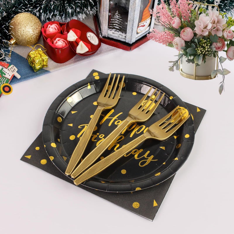 KFJBPB 96PCS Happy Birthday Plates and Napkins Party Supplies  Black and Gold Disposable Paper Plates and Napkins with Forks Tableware Set for Birthday Party Decorations 24 Guests (Birthday Black) - Image 4