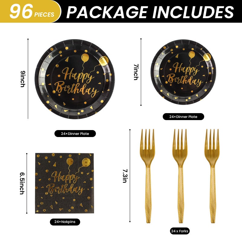 KFJBPB 96PCS Happy Birthday Plates and Napkins Party Supplies  Black and Gold Disposable Paper Plates and Napkins with Forks Tableware Set for Birthday Party Decorations 24 Guests (Birthday Black) - Image 1