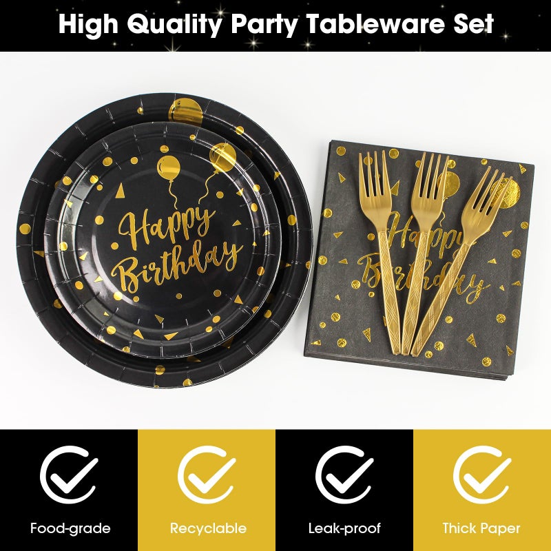 KFJBPB 96PCS Happy Birthday Plates and Napkins Party Supplies  Black and Gold Disposable Paper Plates and Napkins with Forks Tableware Set for Birthday Party Decorations 24 Guests (Birthday Black) - Image 2