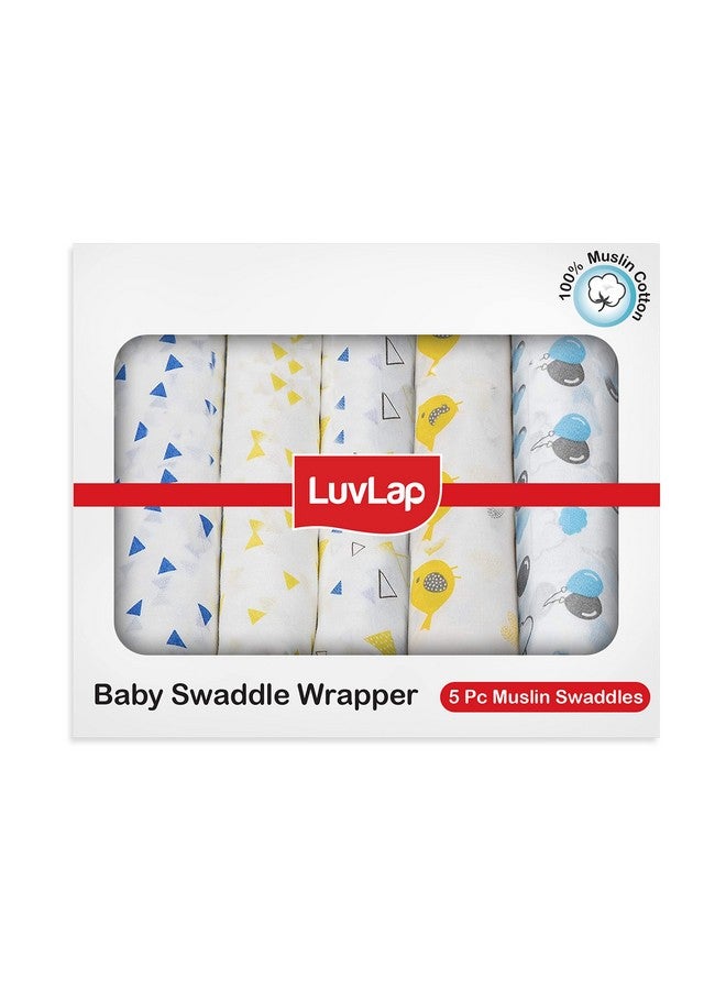 لوفلاب طقم لفافات الأطفال من قماش موسلين قطني 100%، عبوة من 5 قطع، مقاس 120 سم × 100 سم (47 بوصة × 39 بوصة)، مثلثات وطيور وبالونات مطبوعة على اللون الأبيض، للأطفال من سن 0 إلى 18 شهرًا فما فوق، لفافات موسلين مولمال مطبوعة للأطفال حديثي الولادة - Image 1