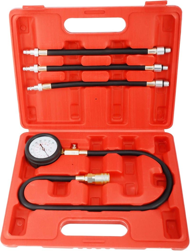 BTSHUB Compression Gauge Test Set for Engine Cylinders with 4 Long Reach Hoses M10 M12 M14 0-300 PSI - Image 1