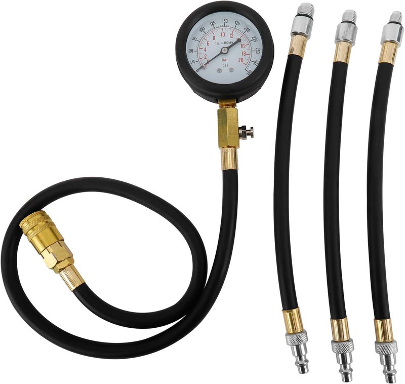 BTSHUB Compression Gauge Test Set for Engine Cylinders with 4 Long Reach Hoses M10 M12 M14 0-300 PSI - Image 3