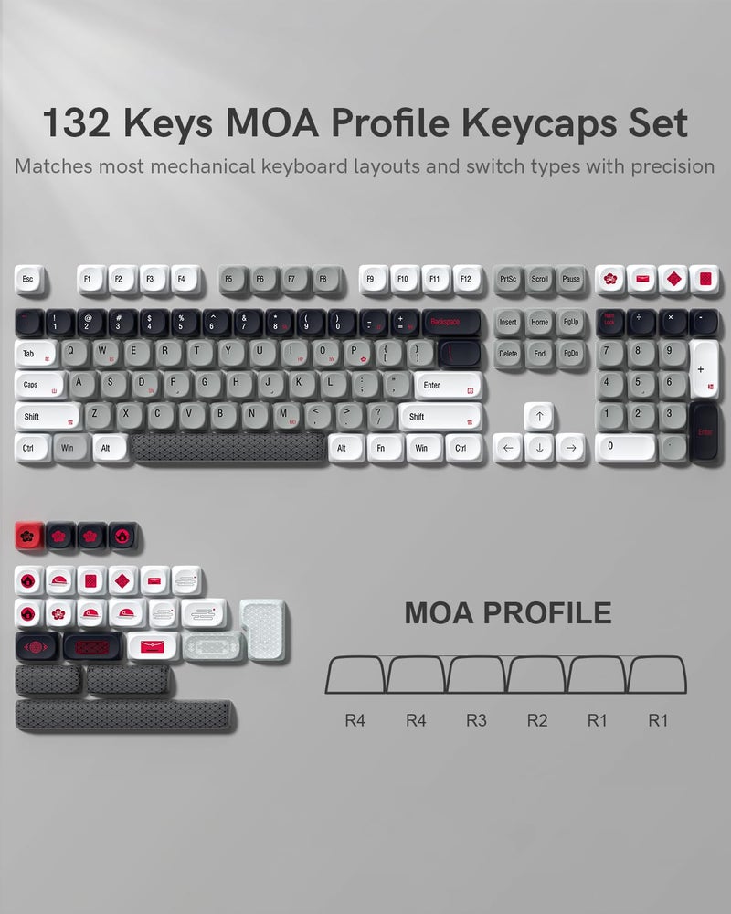 Klymra MOA Profile PBT Keycaps,132 Keys Janese Style Gray White Red Keycap Set, Dye-Sublimation, MOA Profile, Cute Anime Theme for Most 60% 65% 75% 80% 100% US Layout Cherry MX Switches Mechanical Keyboard - Image 3