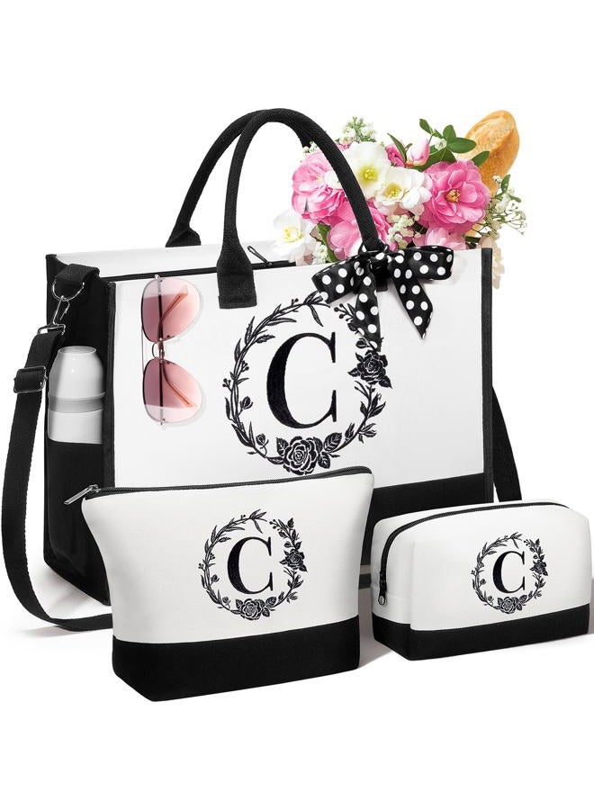 FLOE Personalized Valentines Day Gifts for Women, Initial Canvas Tote Bag & Makeup Bag Monogrammed Beach Tote Bag for Women w/Zipper, Birthday Gifts for Women Her Girlfriend Wife Mom Sister Friend Daughter - Image 1
