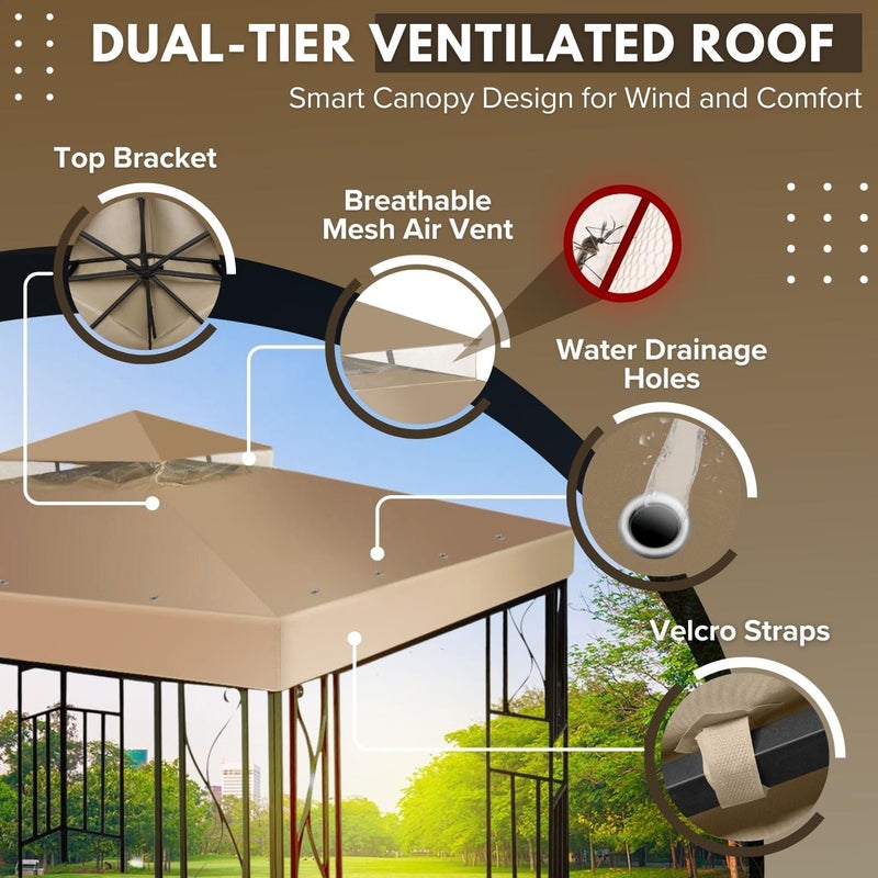 Flexzion Gazebo Cover Replacement Canopy Top 12x12 Ft (3.6m x 3.6m) - Double Tier Top Canopy Cover Replacement with UV30+, Dirt, Water Resistant for Outdoor, Sunshade, Garden, Patio, Pavilion (Beige) - Image 5