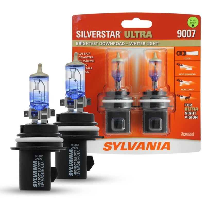 مصباح هالوجين عالي الأداء SYLVANIA 9007 SilverStar Ultra للمصابيح الأمامية عالية الشعاع ومنخفضة الشعاع واستبدال مصابيح الضباب الأكثر سطوعًا مع ضوء أكثر بياضًا بتقنية TriBand تحتوي على 2 مصباح