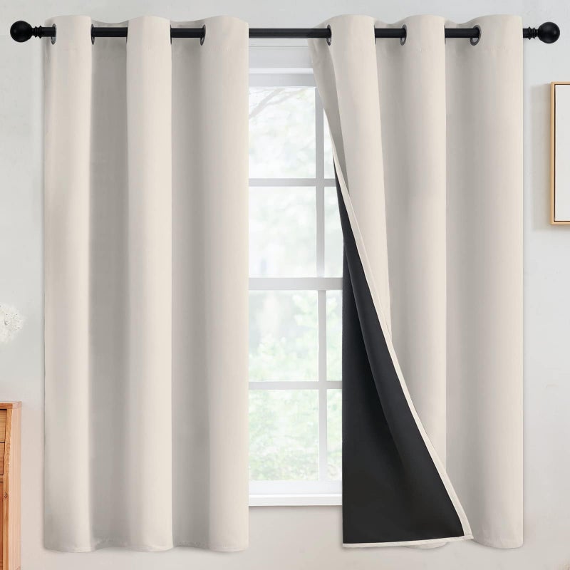SimpleHome 100% Blackout Curtains for Bedroom,Thermal Insulated Grommet Window Drapes Room Darkening Cream Curtains for Living Room with Black Back,42 x 63 Inch,2 Panels - Image 1
