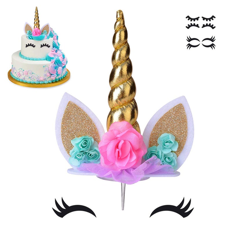 coonoe Unicorn Cake TopperHandmade Party Cake Decoration Supplies with Eyelashes and stackReuasble Gold Horn for Birthday PartyBaby Shower Wedding - Image 2