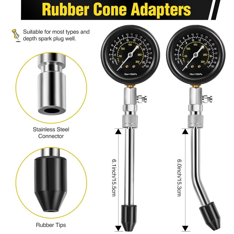 Fiada 9 Pieces Automotive Compression Tester Kit and Spark Plug Tester, Universal Car and Motorcycle Engine Testing Tools for Cylinder Pressure Gauge (Black) - Image 4