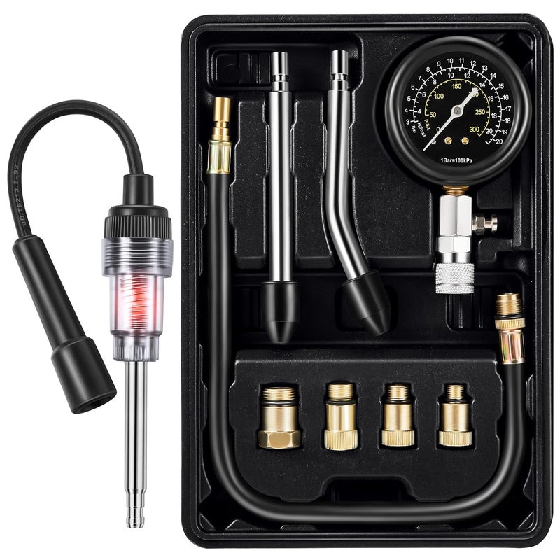 Fiada 9 Pieces Automotive Compression Tester Kit and Spark Plug Tester, Universal Car and Motorcycle Engine Testing Tools for Cylinder Pressure Gauge (Black) - Image 1