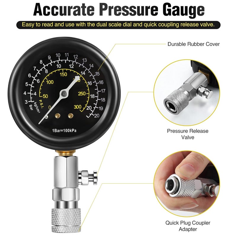 Fiada 9 Pieces Automotive Compression Tester Kit and Spark Plug Tester, Universal Car and Motorcycle Engine Testing Tools for Cylinder Pressure Gauge (Black) - Image 3