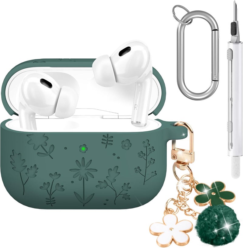 SJet AirPods Pro 3 2025 Case with Cherry Blossom Keychain and Cleaning Kit, Soft Silicone Protective Flower Engraved with AirPod Pro 3 Case Cover(Pine Green) - Image 1
