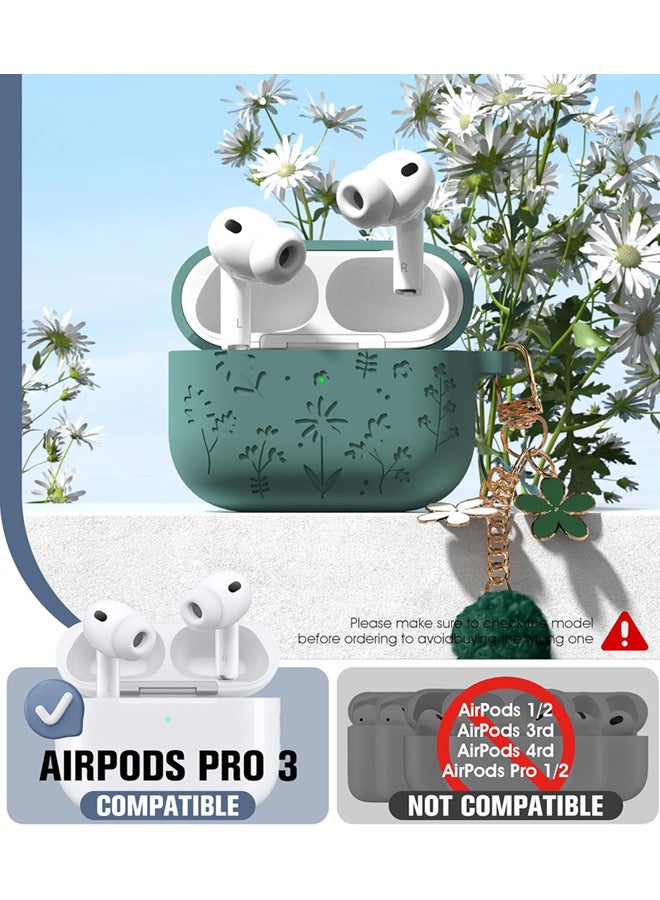 SJet AirPods Pro 3 2025 Case with Cherry Blossom Keychain and Cleaning Kit, Soft Silicone Protective Flower Engraved with AirPod Pro 3 Case Cover(Pine Green) - Image 2