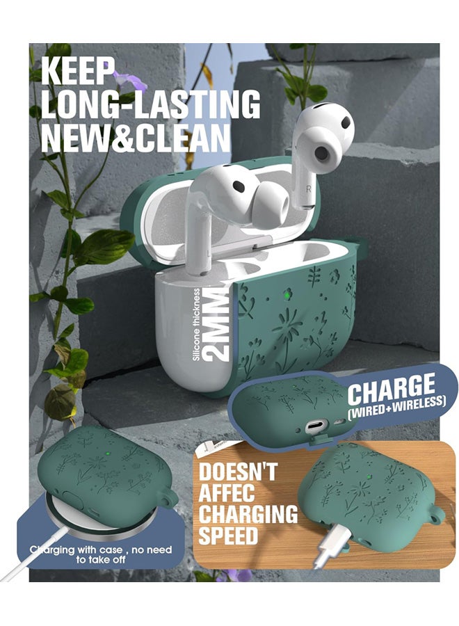 SJet AirPods Pro 3 2025 Case with Cherry Blossom Keychain and Cleaning Kit, Soft Silicone Protective Flower Engraved with AirPod Pro 3 Case Cover(Pine Green) - Image 5