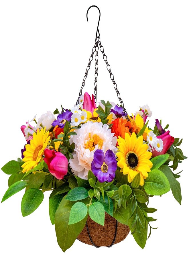سلة زهور معلقة اصطناعية من wreathqueen للاستخدام الخارجي، زهور عباد الشمس والتوليب والفاوانيا والأقحوان المصنوعة من الحرير الصناعي لتزيين الربيع والصيف، نباتات معلقة لتزيين الفناء والحديقة والشرفة الخارجية - Image 1