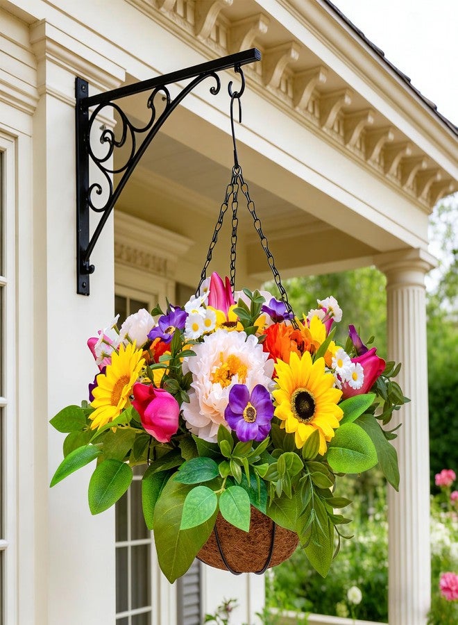 سلة زهور معلقة اصطناعية من wreathqueen للاستخدام الخارجي، زهور عباد الشمس والتوليب والفاوانيا والأقحوان المصنوعة من الحرير الصناعي لتزيين الربيع والصيف، نباتات معلقة لتزيين الفناء والحديقة والشرفة الخارجية - Image 2