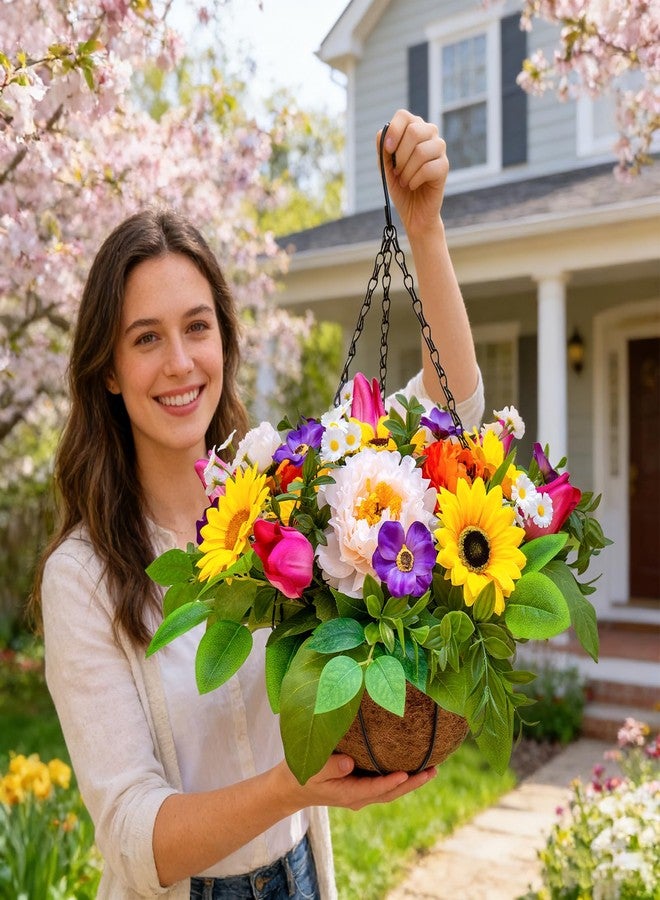 سلة زهور معلقة اصطناعية من wreathqueen للاستخدام الخارجي، زهور عباد الشمس والتوليب والفاوانيا والأقحوان المصنوعة من الحرير الصناعي لتزيين الربيع والصيف، نباتات معلقة لتزيين الفناء والحديقة والشرفة الخارجية - Image 4