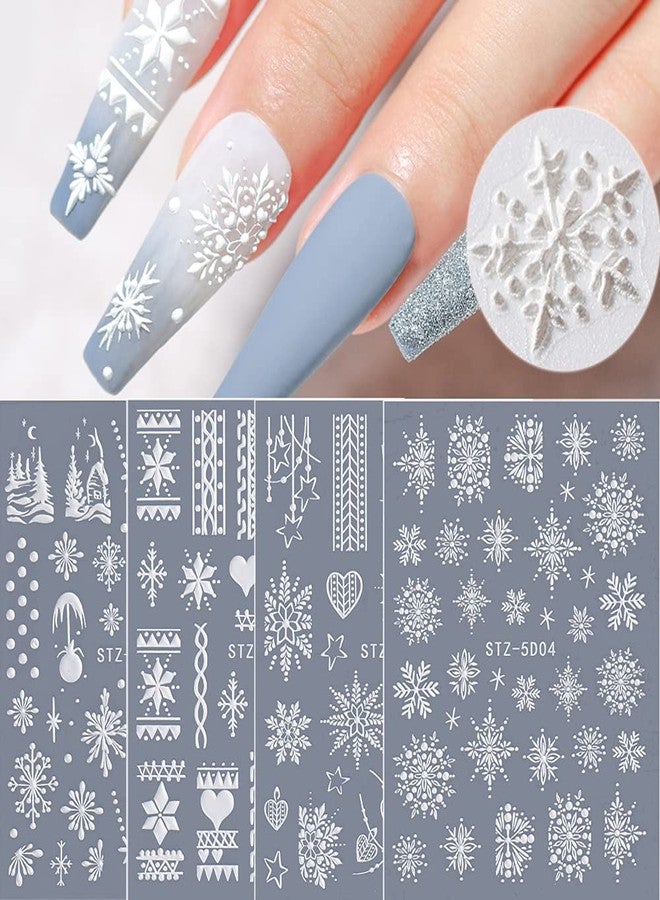 CHARMARK Snowflake Nail Art Stickers, 5D Embossed, Christmas, White, 4 Sheets (Snowflakes A) - Image 1