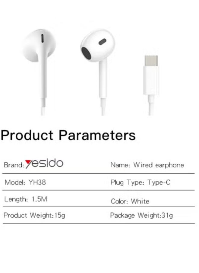 Yesido YH38 Type-C Wired Earphones with Microphone – High-Quality Stereo Sound, USB-C Earbuds with In-Line Controls for Music, Calls & Voice Assistants – Comfortable, Durable & Stylish for Smartphones – White  - Image 2