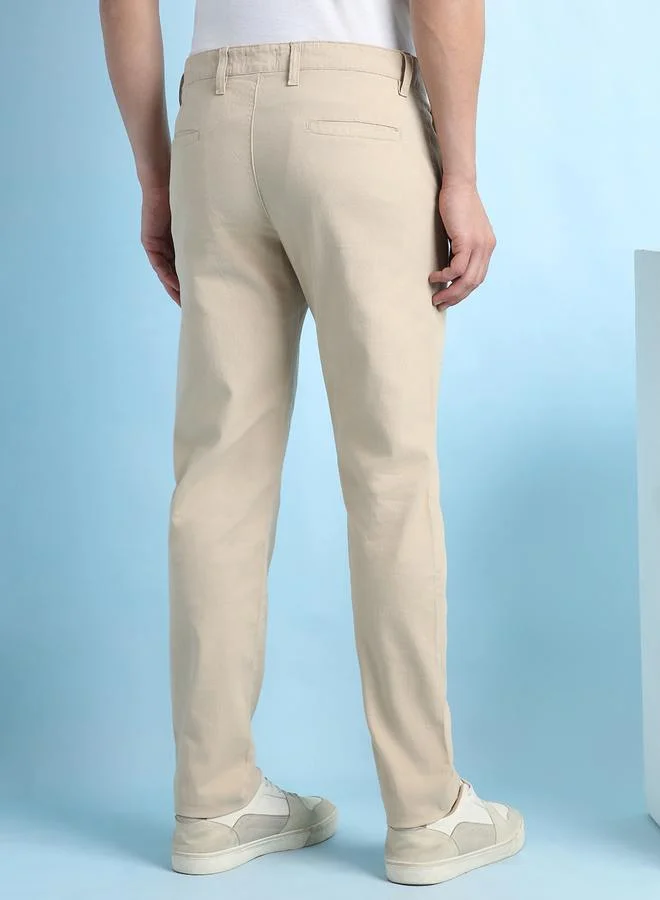 Dennis Lingo Men's Beige 100% Cotton Solid Pattern Chinos Straight Fit Trouser