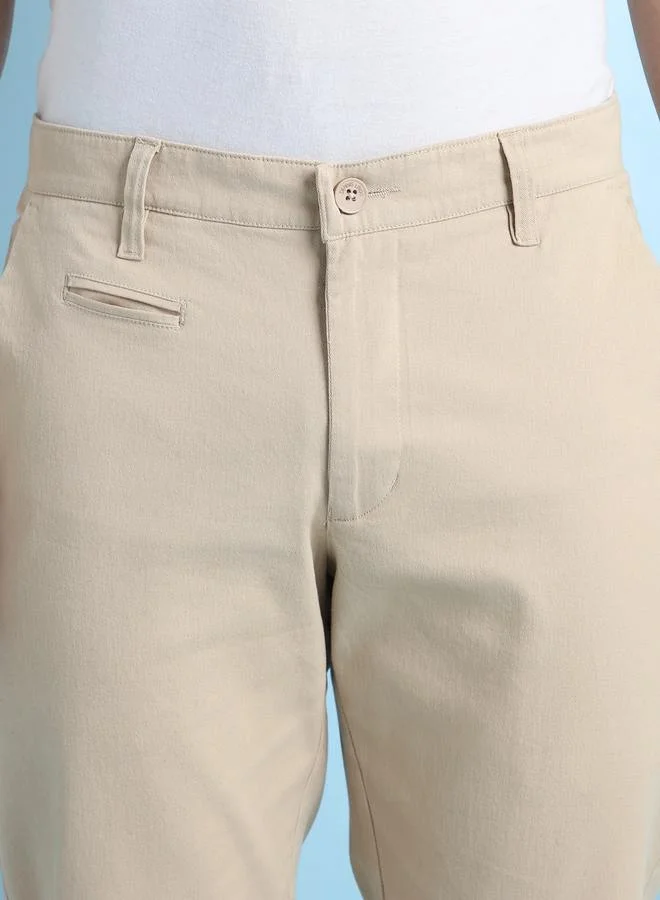 Dennis Lingo Men's Beige 100% Cotton Solid Pattern Chinos Straight Fit Trouser
