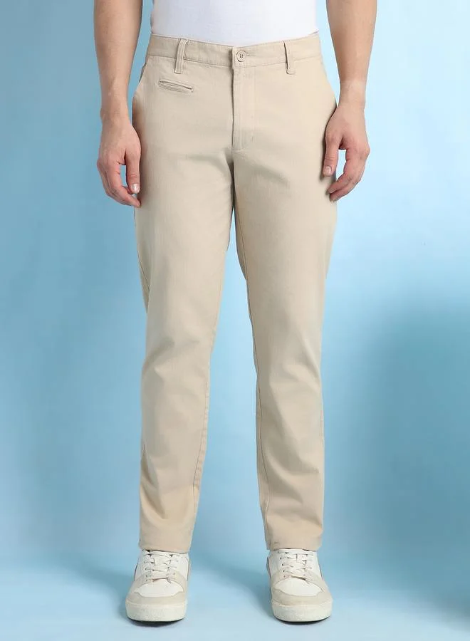Dennis Lingo Men's Beige 100% Cotton Solid Pattern Chinos Straight Fit Trouser